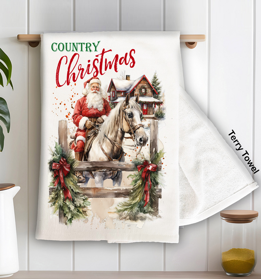 Country Christmas Santa Riding Horse Kitchen Terry Towel