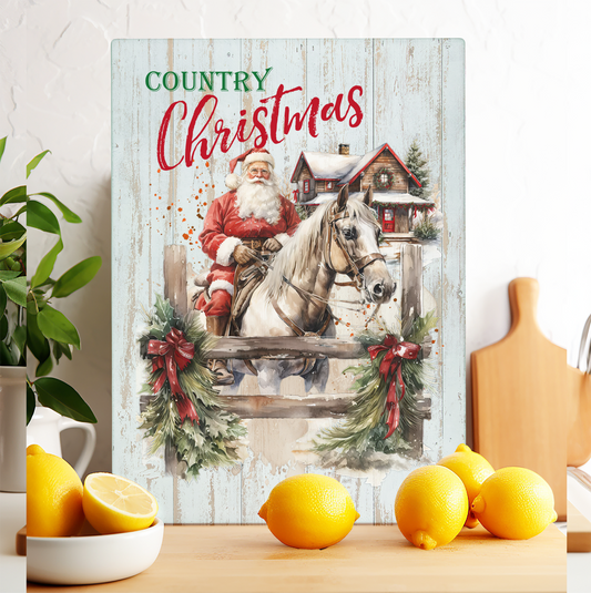 Glass Cutting Board Country Christmas Santa Riding Horse