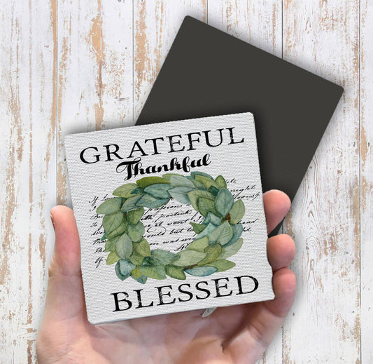 Grateful Thankful Blessed Wreath Magnet Fridge - Sets of 2