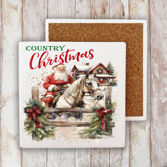 Country Christmas Santa Riding Horse Stone Coaster (Set of 2)