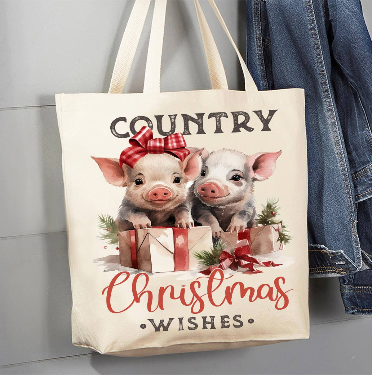 Country Christmas Wishes Piglets Canvas Tote Bag
