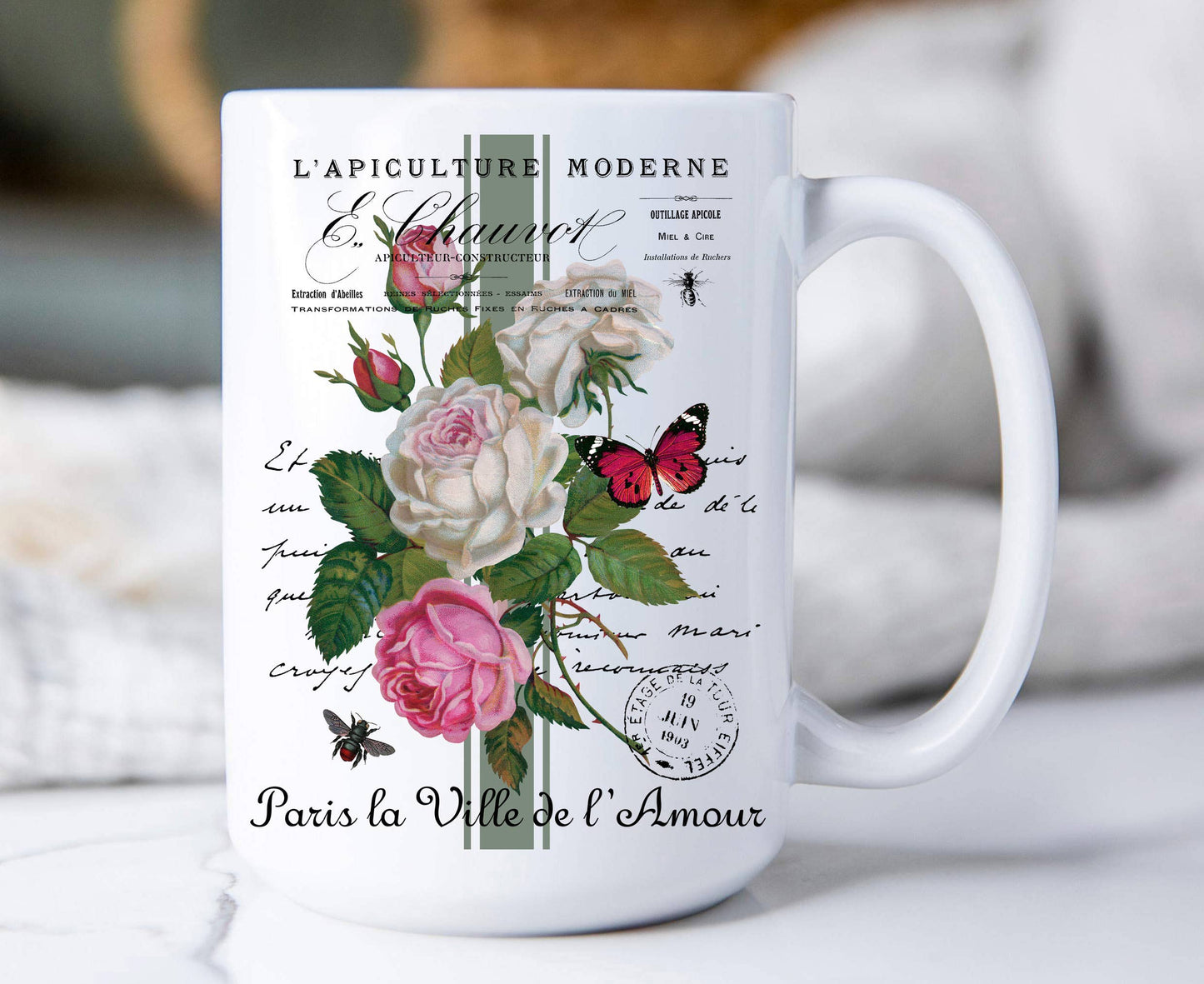 Vintage French Roses Butterfly 15 oz Coffee Mug