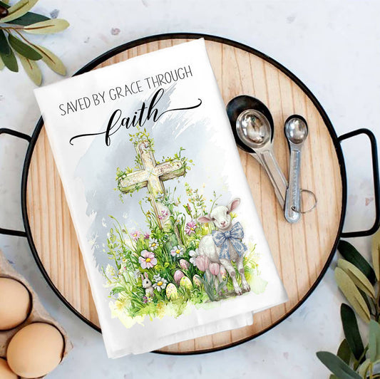 Saved by Grace Easter Lamb Cross Tea Towel