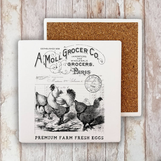 Vintage French Chickens Stone Coaster