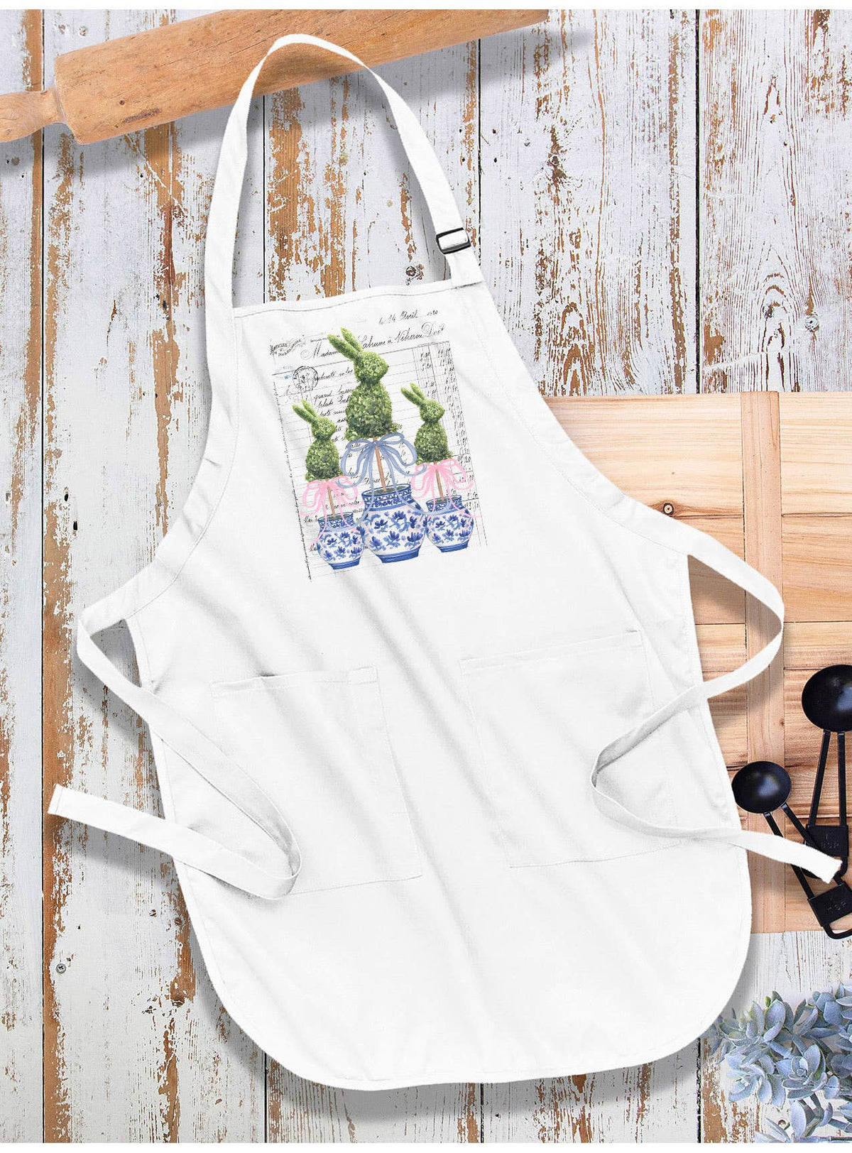 Easter Blue and White Topiary Vintage Apron