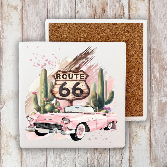 Route 66 Pink Vintage Car  Stone Coaster (Set of 2)