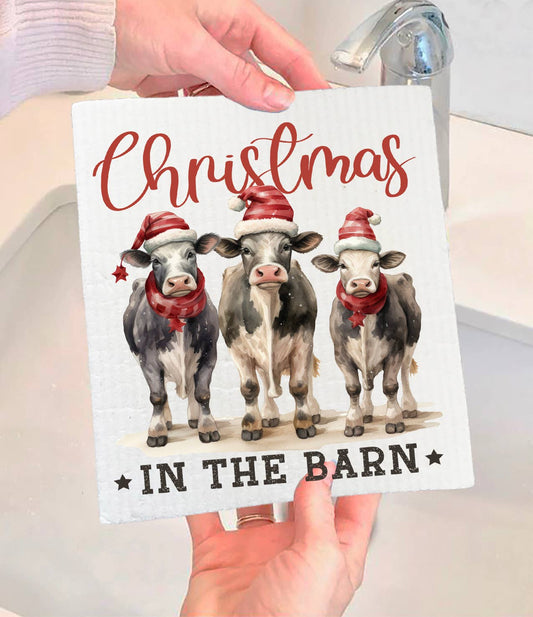 Christmas in the Barn Cows Swedish Dishcloth-Sets of 2