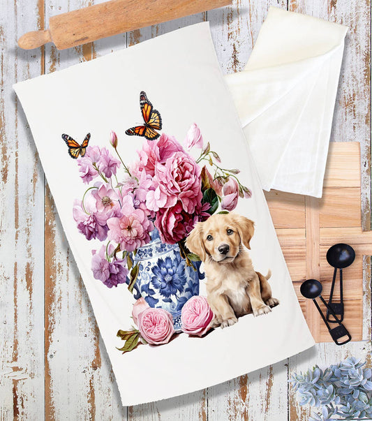 Golden Retreiver Puppy Vase Flowers Terry Cloth Towel