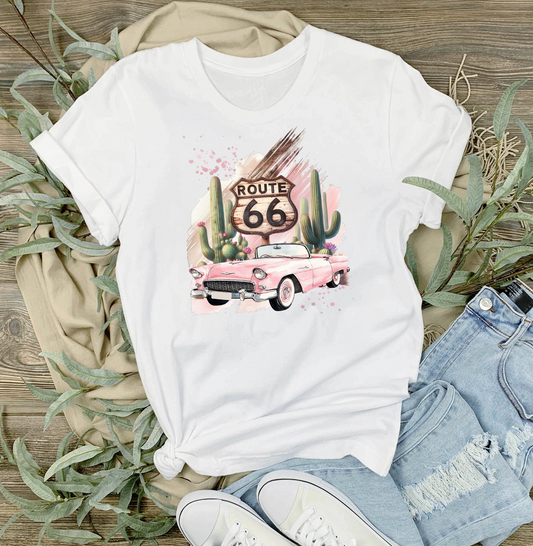 Route 66 Pink Vintage Car  T-Shirt