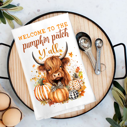 Fall Highland Cow Y'All Pumpkins Tea Towel