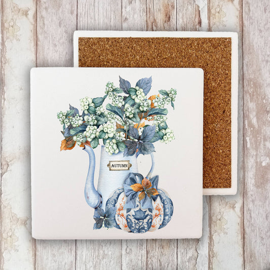 Autumn Blue White Pumpkins Flowers Stone Coaster