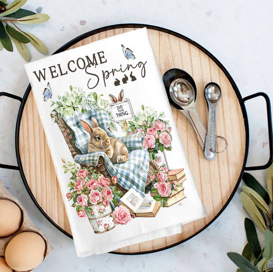 Welcome Spring Bunny Flowers Tea Towel