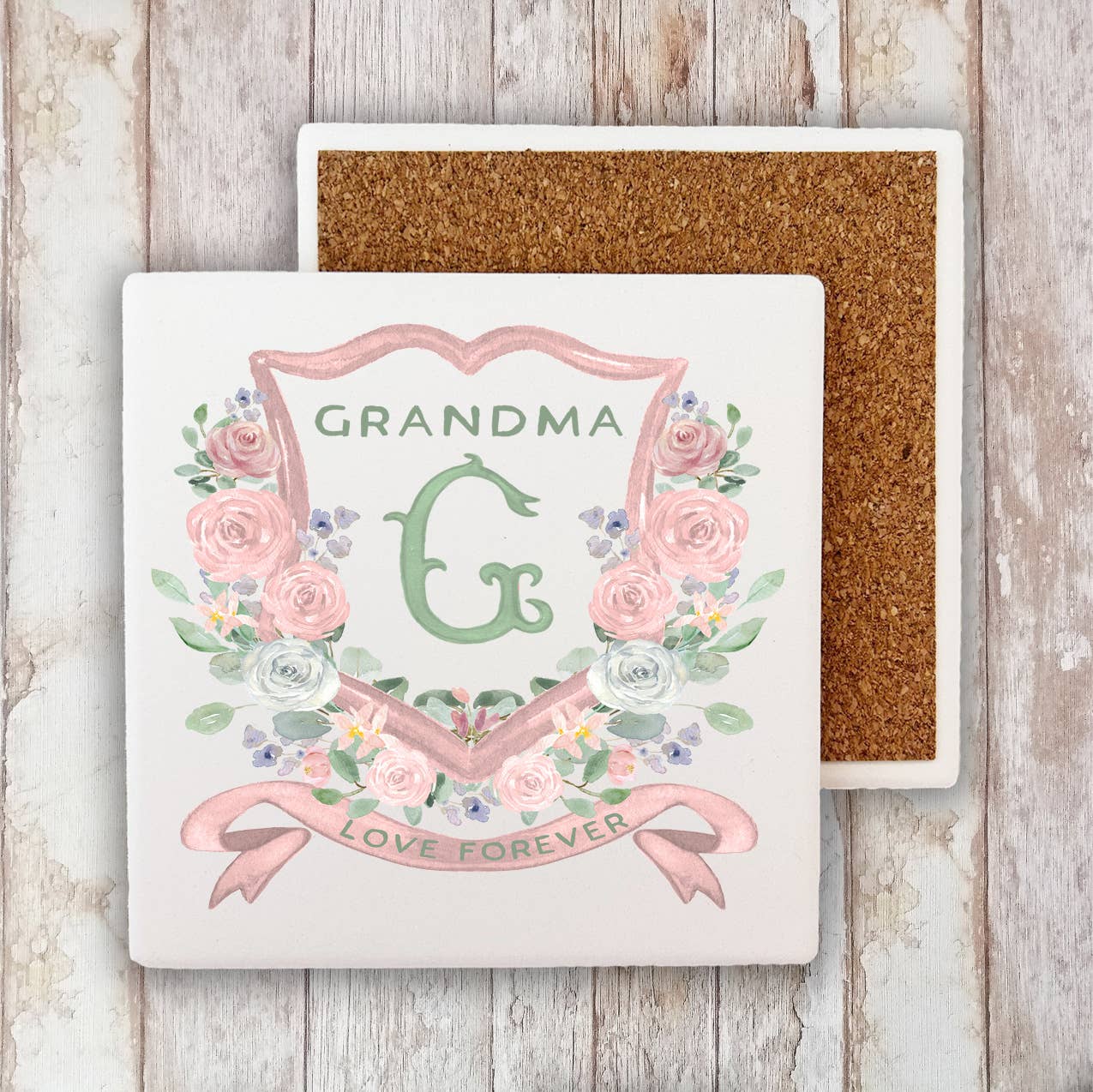 Mother's Day Grandma Floral Crest Stone Coaster