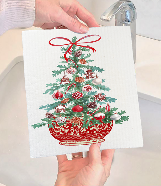 Christmas Chinoiserie Christmas Tree Swedish Discloth (Set of 2)