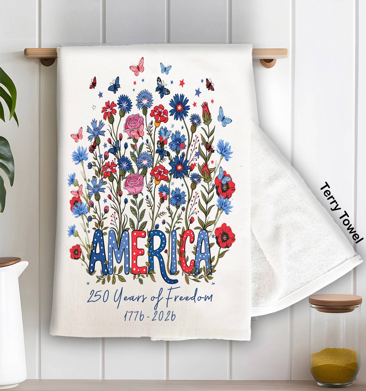 Patriotic Flowers 250 Anniversary America Terry Towel