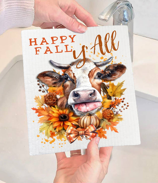 Autumn Happy Fall Y'All Cow Swedish Dishcloth-Sets of 2