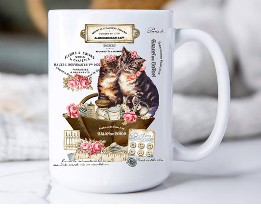 Country Vintage Fench Kittens Cats Coffee Mug