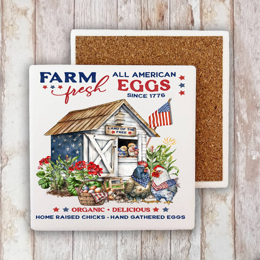 Farmhouse 4th of July Patriotic Chicken Coop Stone Coaster-Set of 2
