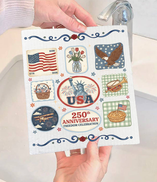 Patriotic Collage 250 Anniversary America Swedish Dishcloth