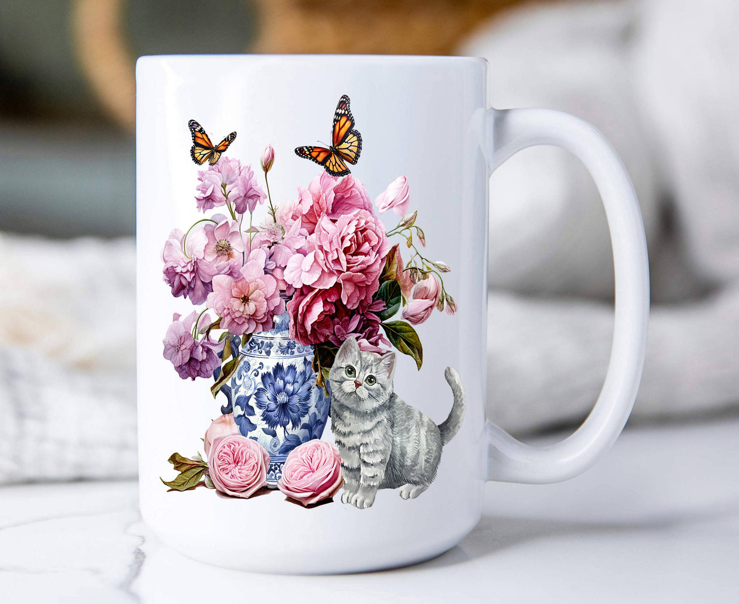 Grey Kitten Flowers Vase Butterflies 15 oz Coffee Mug