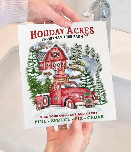 Christmas Holiday Acres Tree Farm  Swedish Dishcloth-Sets of 2