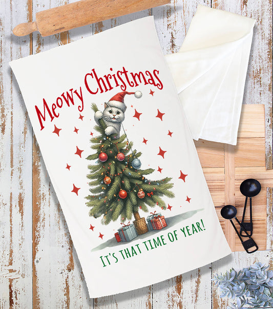 Meowy Christmas Cat Attaching Tree Terry Towel