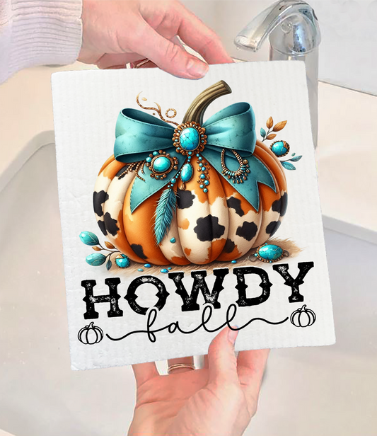 Howdy Fall Turquoise Pumpkin Swedish Dishcloth (Set of 2)