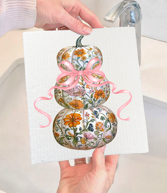 Fall Chinoiserie Floral Pumpkins Swedish Dishcloth (Set of 2)