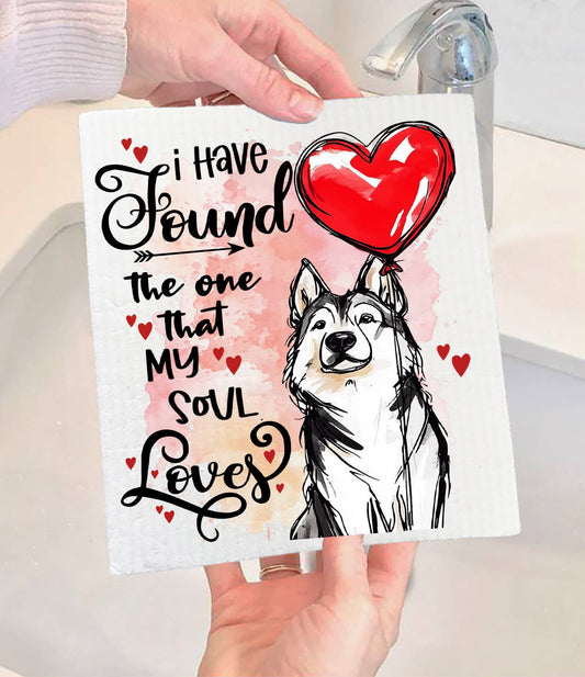 Dog Husky Found My Love Valentine Swedish Dishcloth (Set of 2)