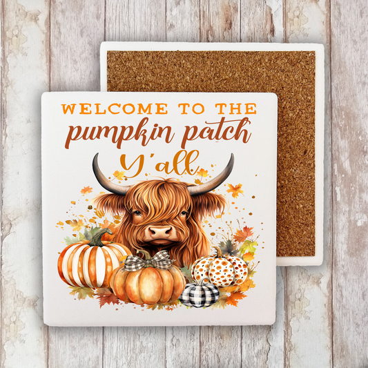 Fall Highland Cow Y'All Pumpkins Stone Coaster (Set of 2)