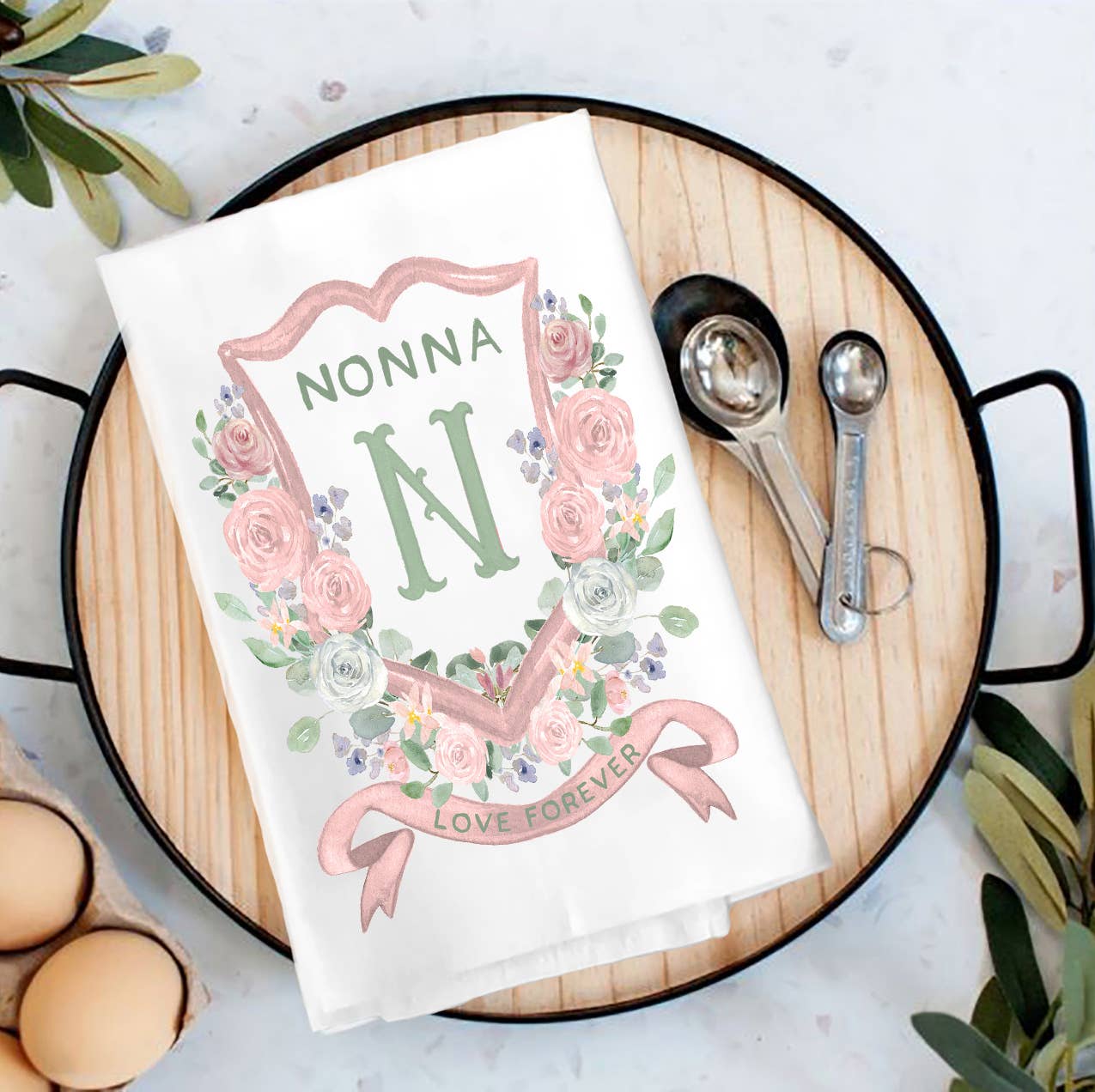 Mother's Day Nonna Floral Crest Tea Towel