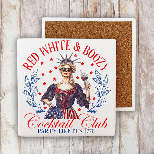 4th of July Red White & Boozy Patriotic Stone Coaster-Sets of 2