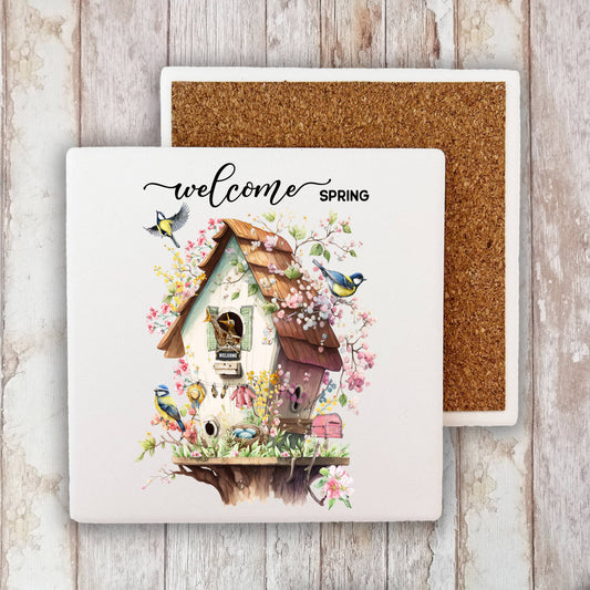Welcome Spring Bird House Flowers Stone Coaster