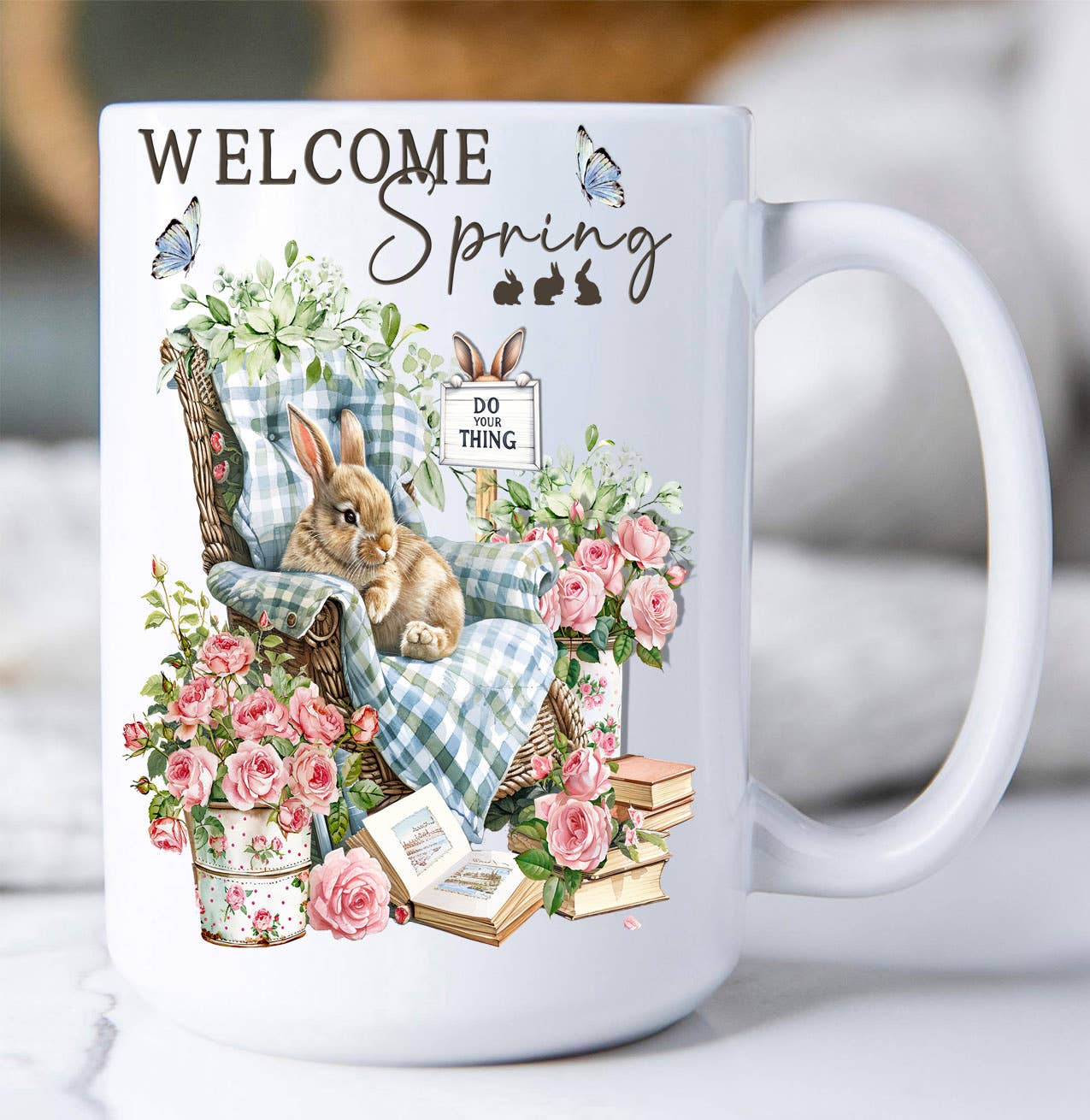 Welcome Spring Bunny Flowers Coffee Mug