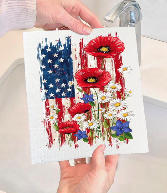Patriotic American Flag Flowers  Swedish Dishcloth (Set of 2)