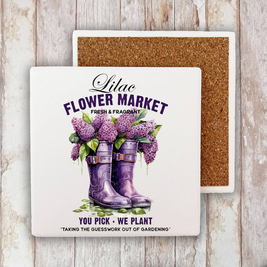 Lilac Flower Market Garden Boots Stone Coaster