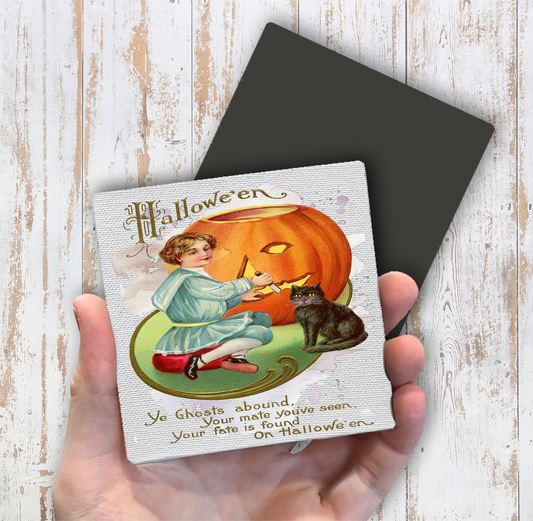 Halloween Vintage Pumpkin Black Cat Magnet Fridge (Set of 2)