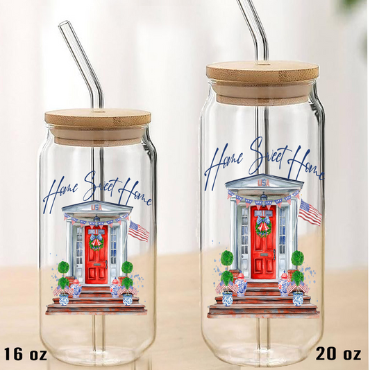 Patriotic Red Door Home Sweet Home  Can Glass with Lid Straw