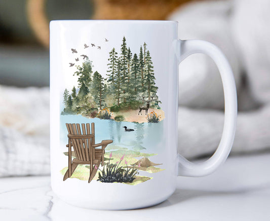 Andirondacks Chairs Lake Mountains Coffee Mugs