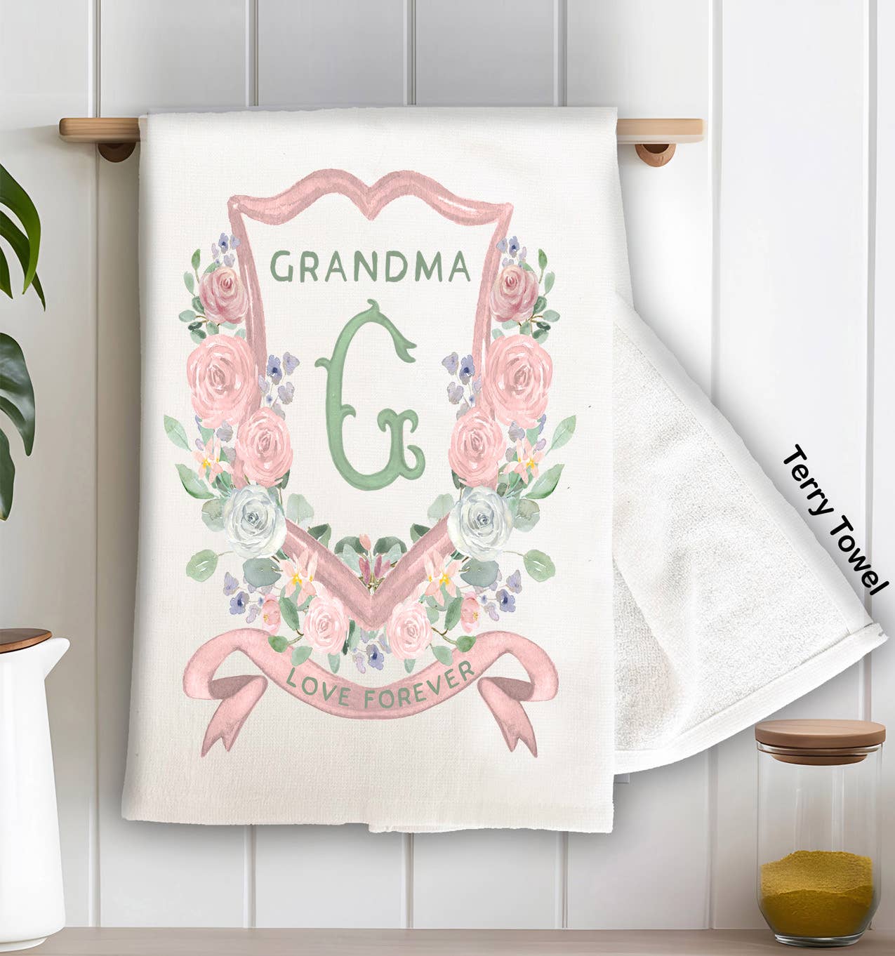 Mother's Day Grandma Floral Crest Kitchen Terry Towel