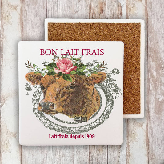 Country Vintage French Farm Cow Stone Coaster-Set of 2