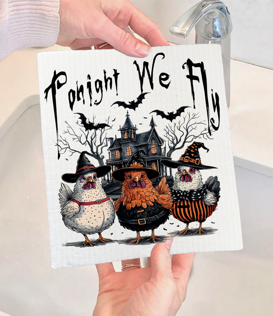 Halloween Chickens Tonight We Fly Swedish Dishcloth (Set of 2)
