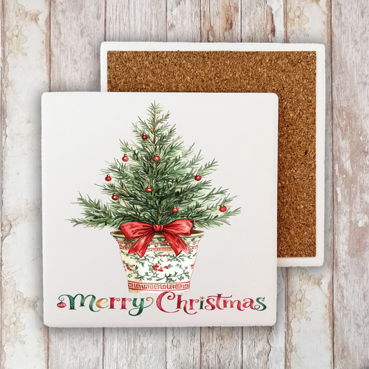 Christmas Watercolor Toile Tree Stone Coaster (Set of 2)