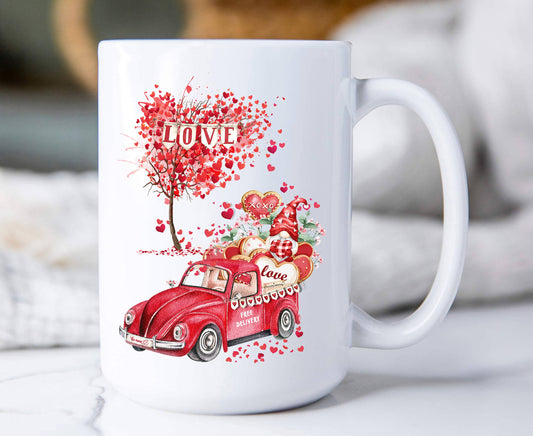 Valentine Gnome Red Truck Hearts Coffee Mugs