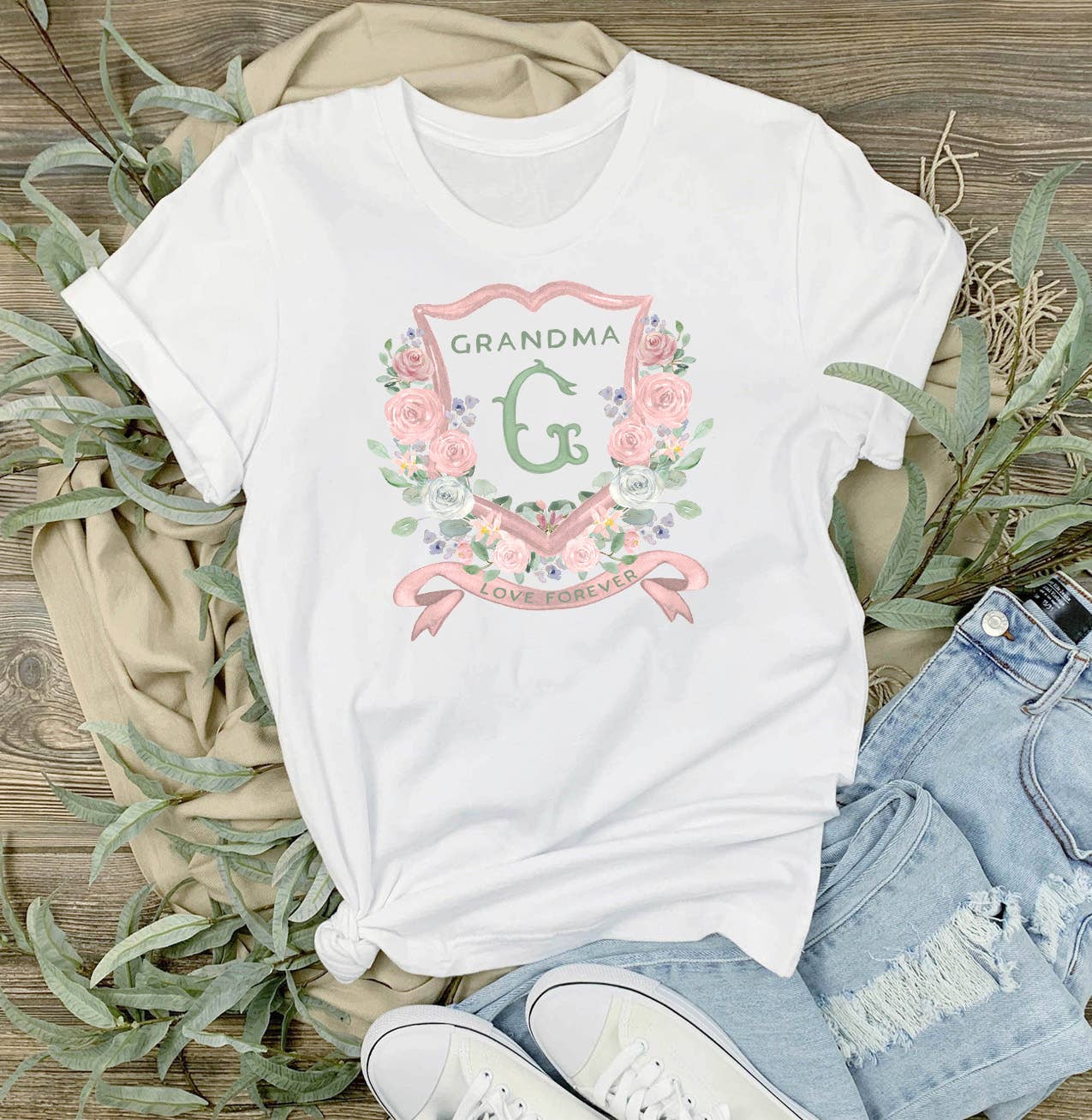 Mother's Day Grandma Floral Crest T-Shirt