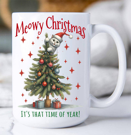 Meowy Christmas Cat Attaching Tree Coffee Mug