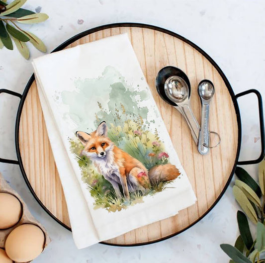 Fox Animal in Grass Flowers Tea Towel