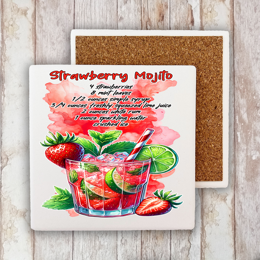 Summer Cocktail Strawberry Mojito Stone Coaster (Set of 2)