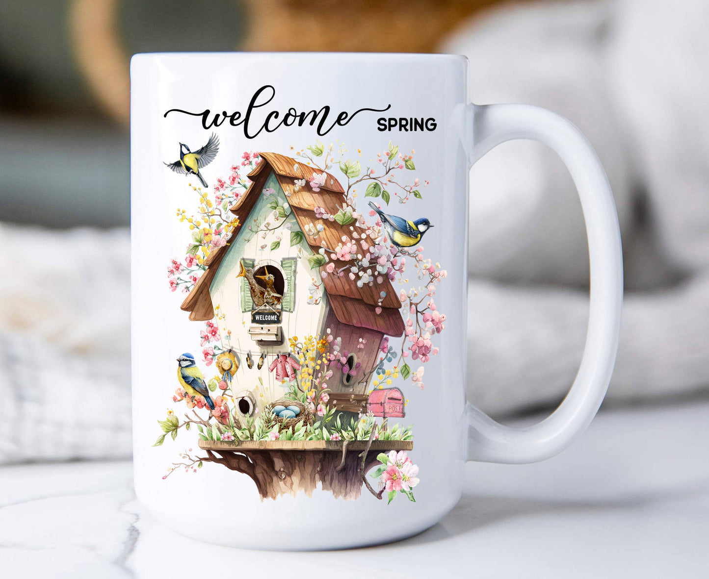 Welcome Spring Bird House Flowers 15 oz Coffee Mug