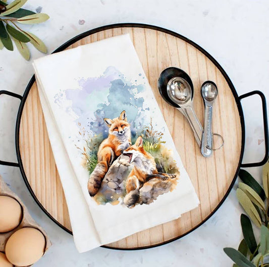 Fox Animal Resting on Rocks Tea Towel